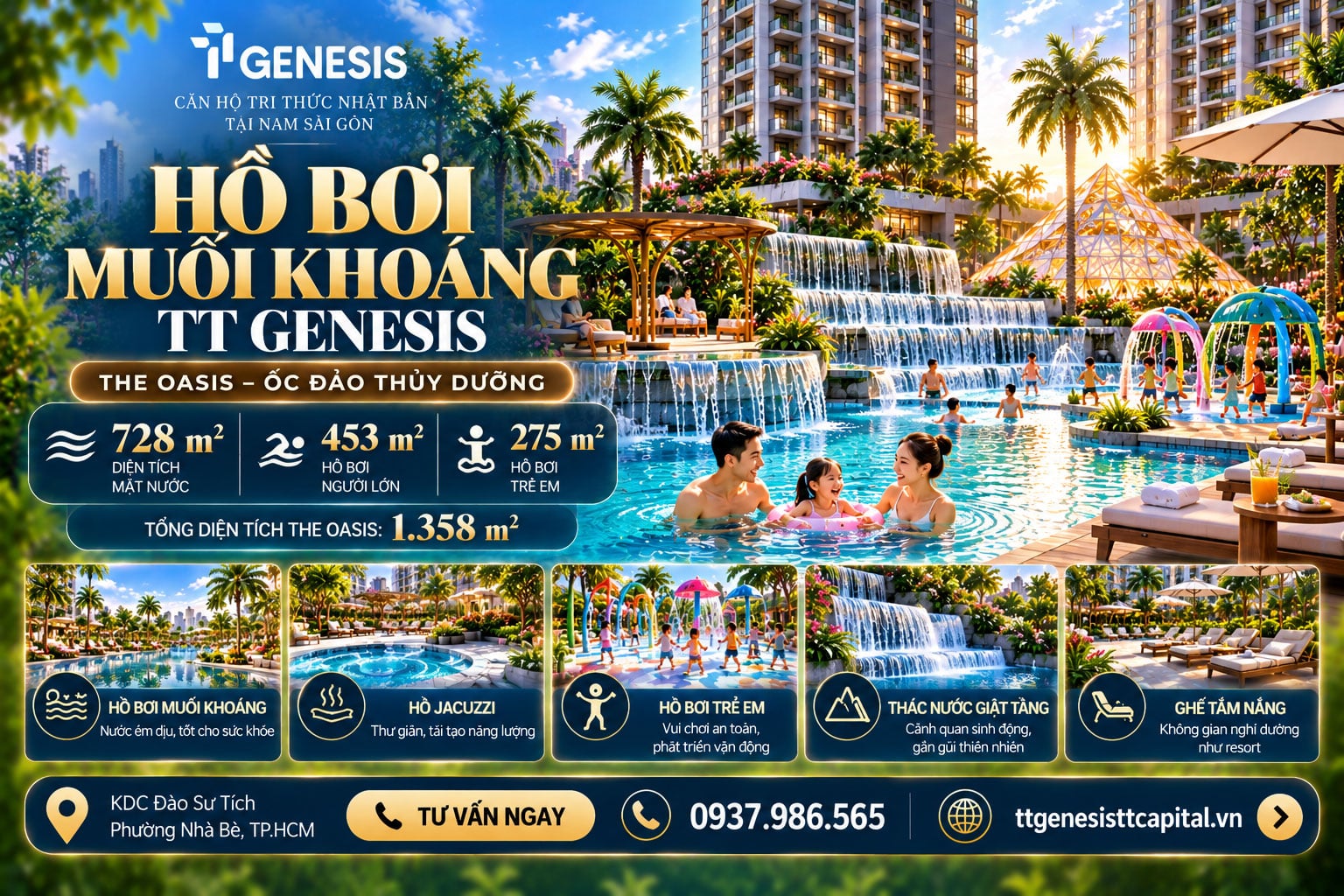 Hồ bơi muối khoáng TT Genesis rộng bao nhiêu?